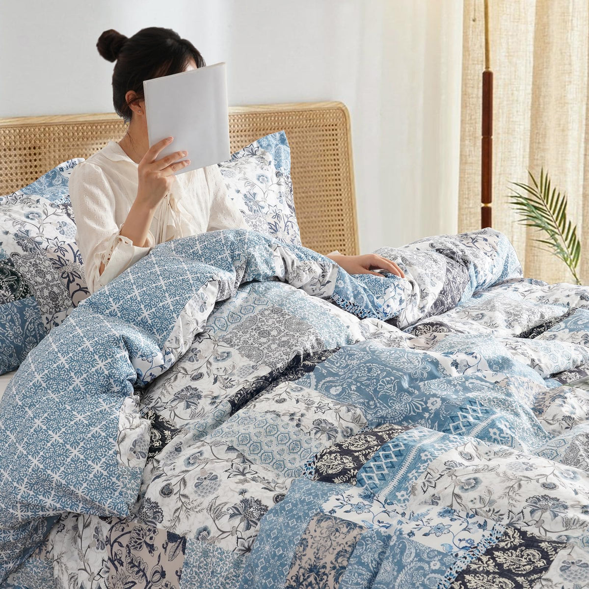 Ultra Soft Queen Duvet Cover Set 90x90 Blue Paisley Boho, Reversible Farmhouse Pattern