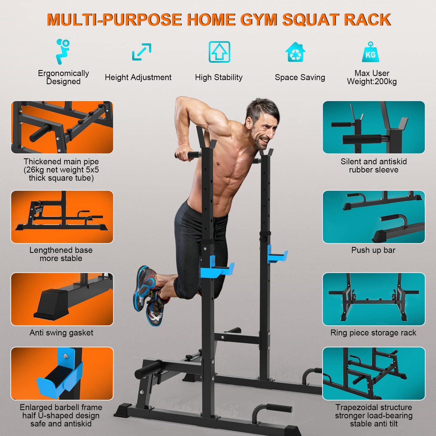Heavy Duty Squat Rack Multi-Function Barbell Dip Stand Height Adjustable