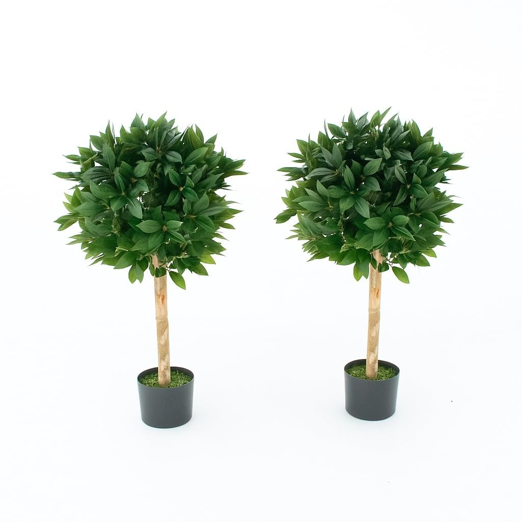 Artificial Bay Trees Set of 2 - 4ft Topiary with Real Wood Trunk
