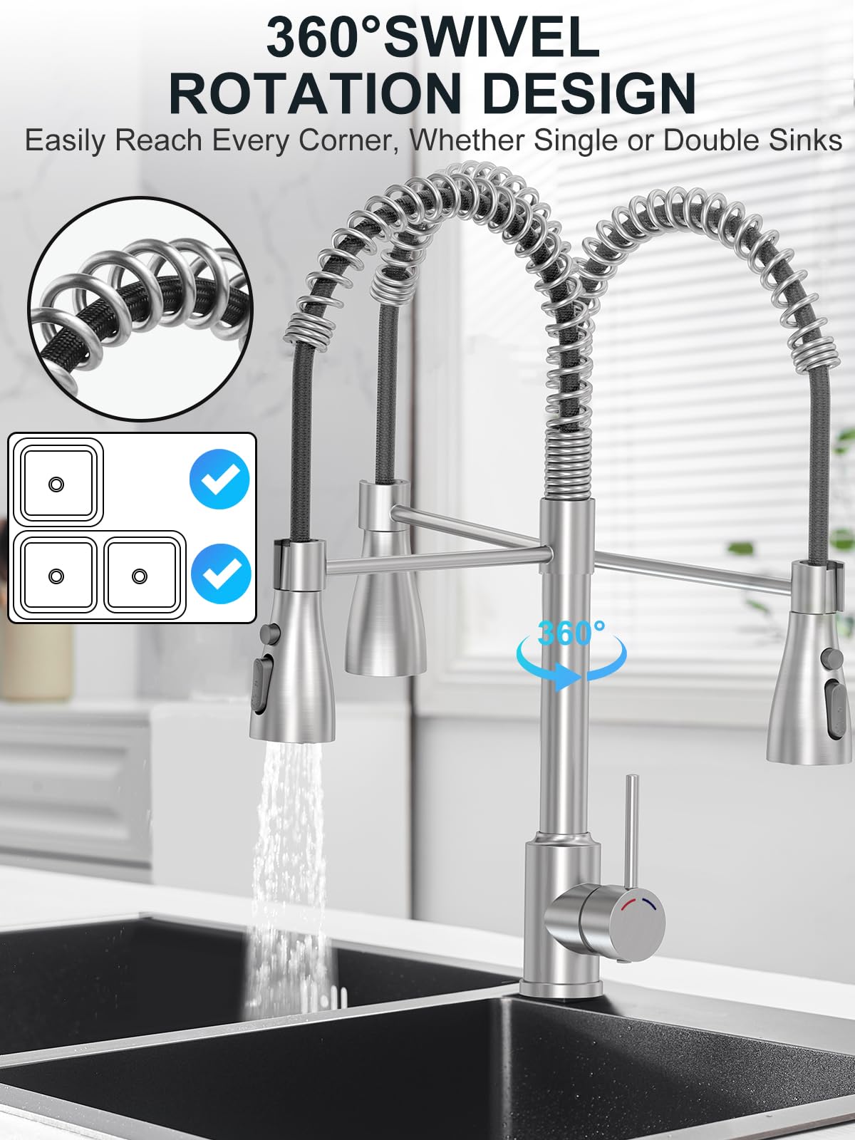 SREWOHS PRO Spring Kitchen Sink Mixer Tap 4 Spray Pull Down Faucet