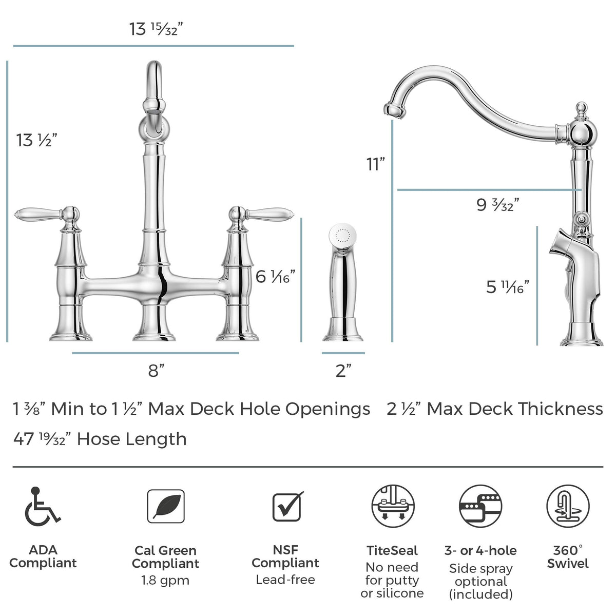 Pfister Courant Bridge Kitchen Faucet Polished Chrome with Side Sprayer