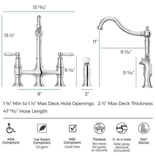 Pfister Courant Bridge Kitchen Faucet Polished Chrome with Side Sprayer