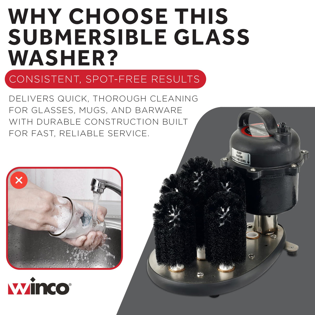Bar Maid SS-100 5-Brush Submersible Electric Glass Washer for Catering/Restaurants/Pubs