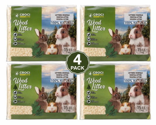 Croci Wood Litter Natural Unscented Shavings Rodent Bedding 1kg - 15L x4 Pack