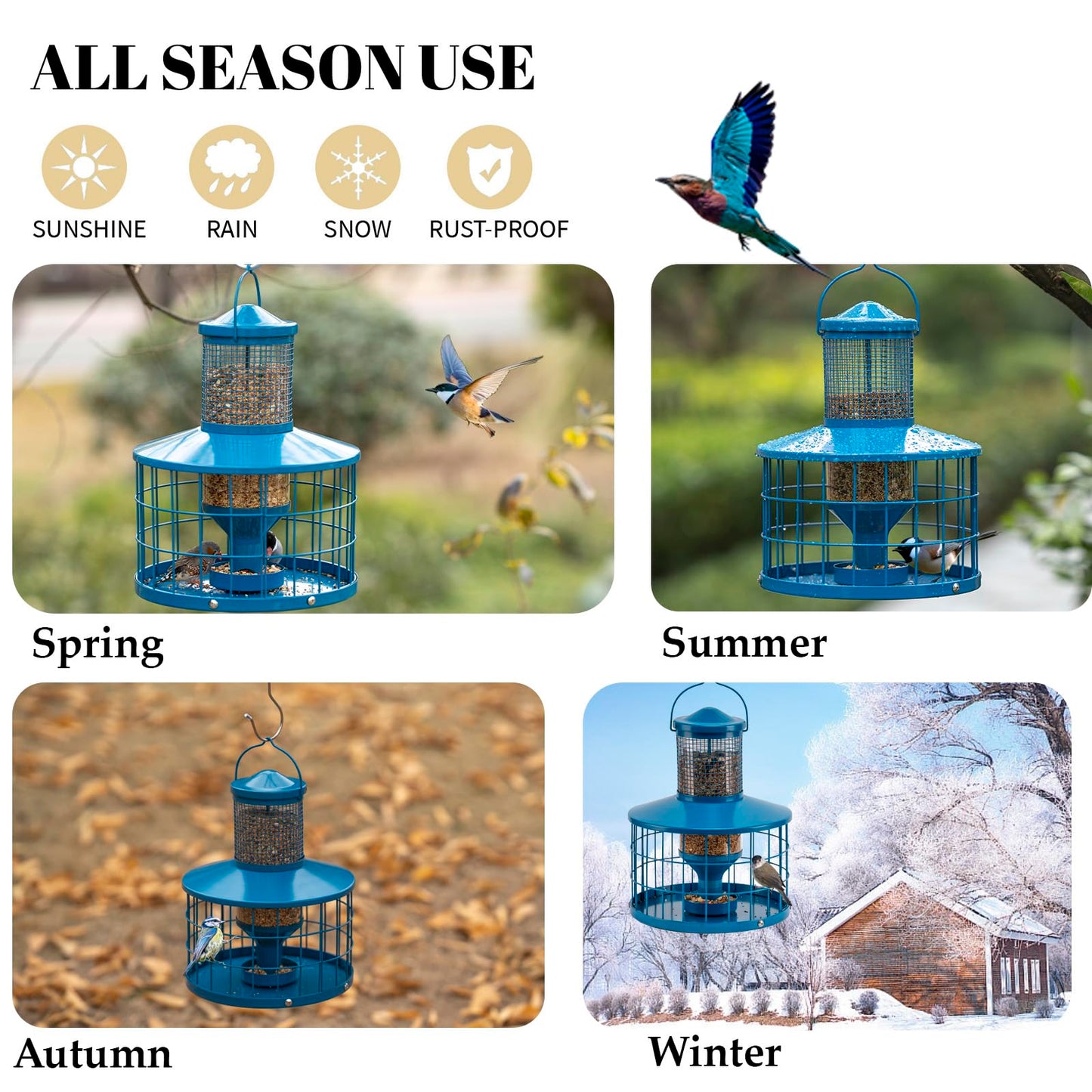 Squirrel-Proof Metal Bird Seed Feeder 1.3kg Capacity Blue Outdoor Hanging Wild-bird Tray