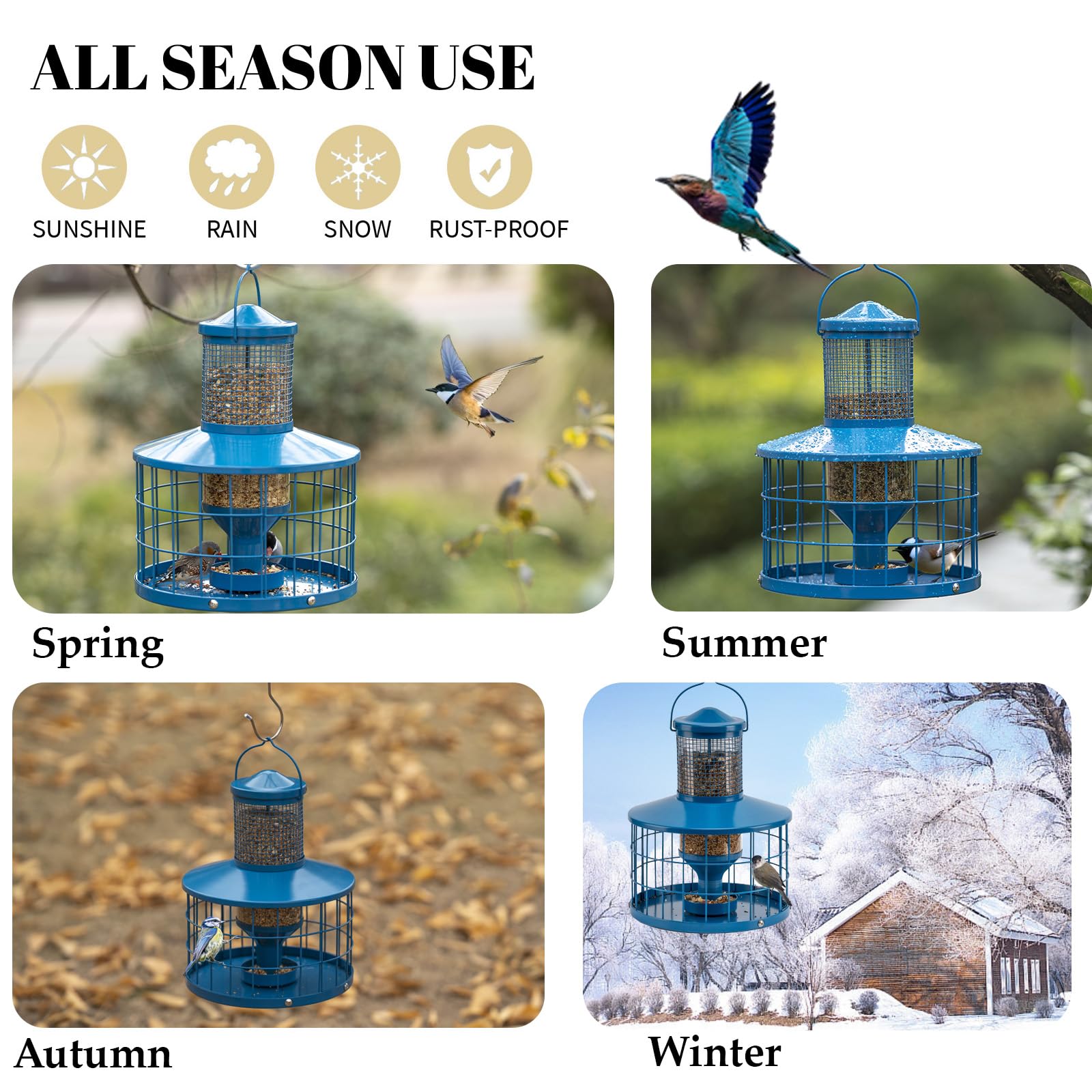 Squirrel-Proof Metal Bird Seed Feeder 1.3kg Capacity Blue Outdoor Hanging Wild-bird Tray