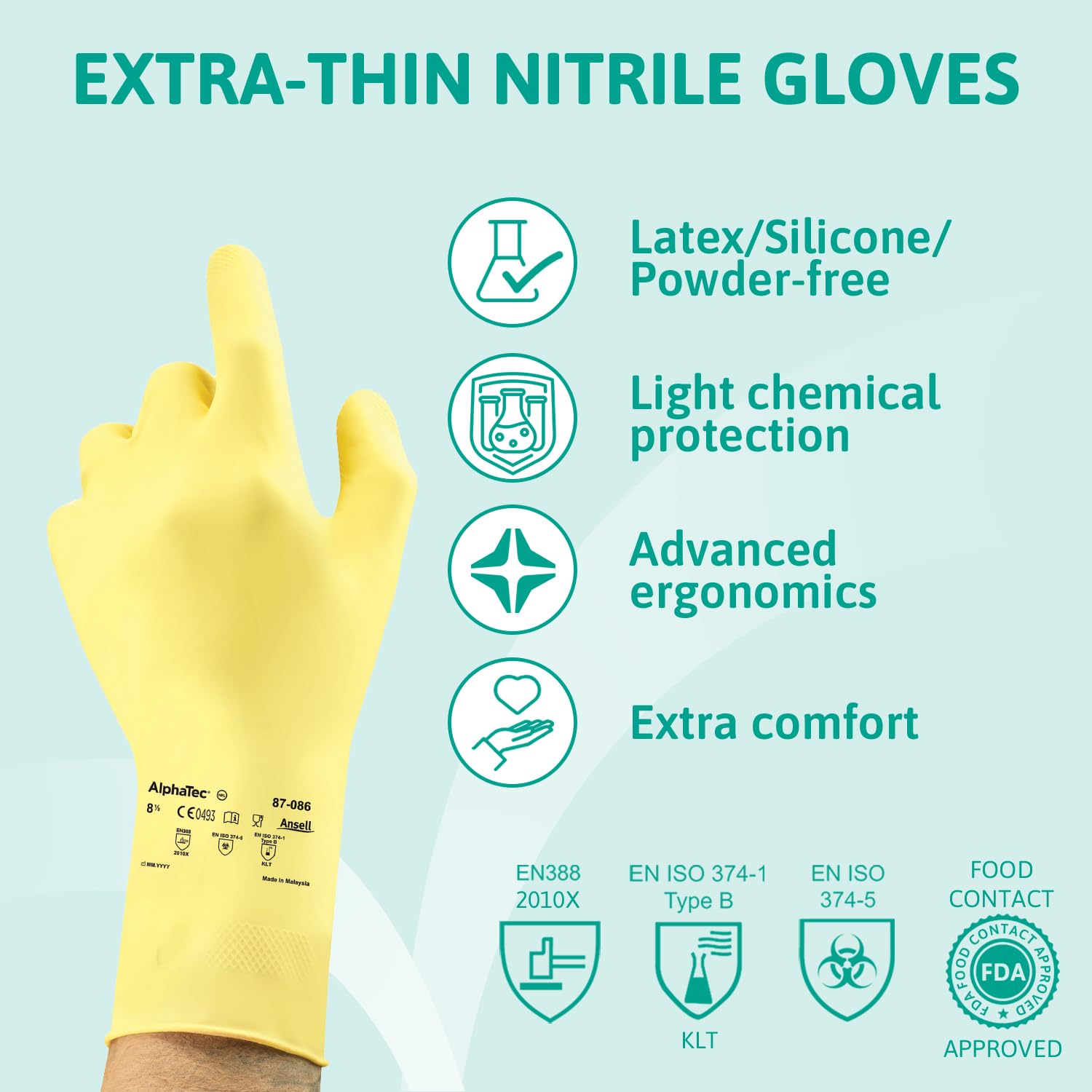 Ansell AlphaTec 87-086 Chemical Protection Gloves, Long Cuff Size L - 12 Pairs