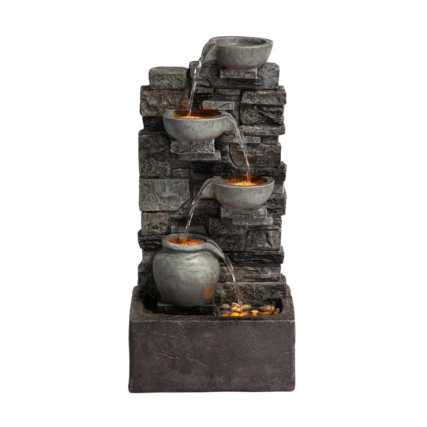 Outdoor 4-Tier Stacked Stone Cascading Water Fountain LED Rustic Grey