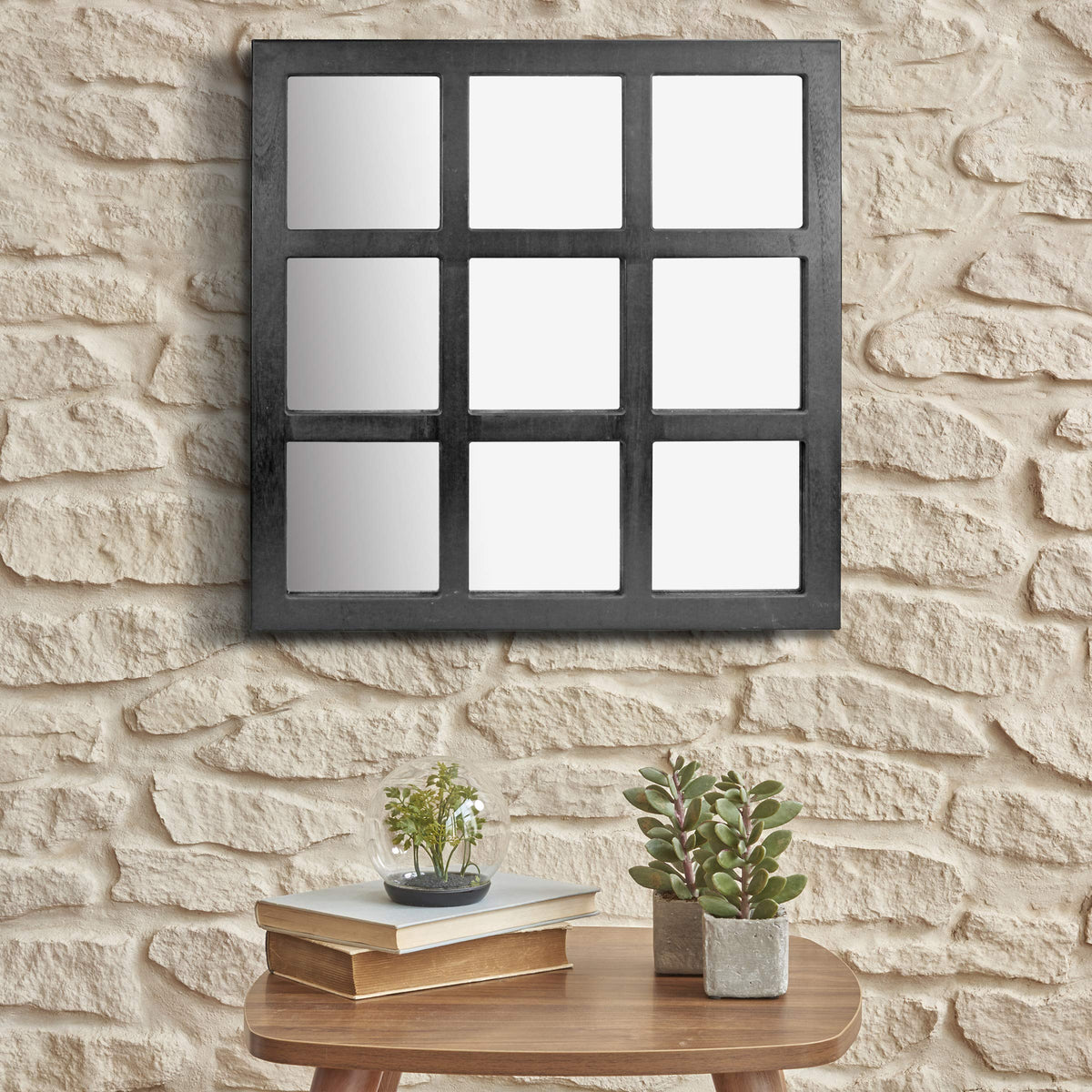 Stonebriar Square Rustic 9 Panel Window Pane Hanging Wall Mirror Black