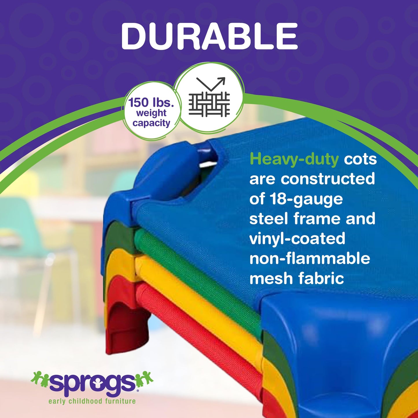 Sprogs Deluxe Stackable Daycare/Nursery Cot with Easy Lift Corners Pack of 4 - Multicoloured