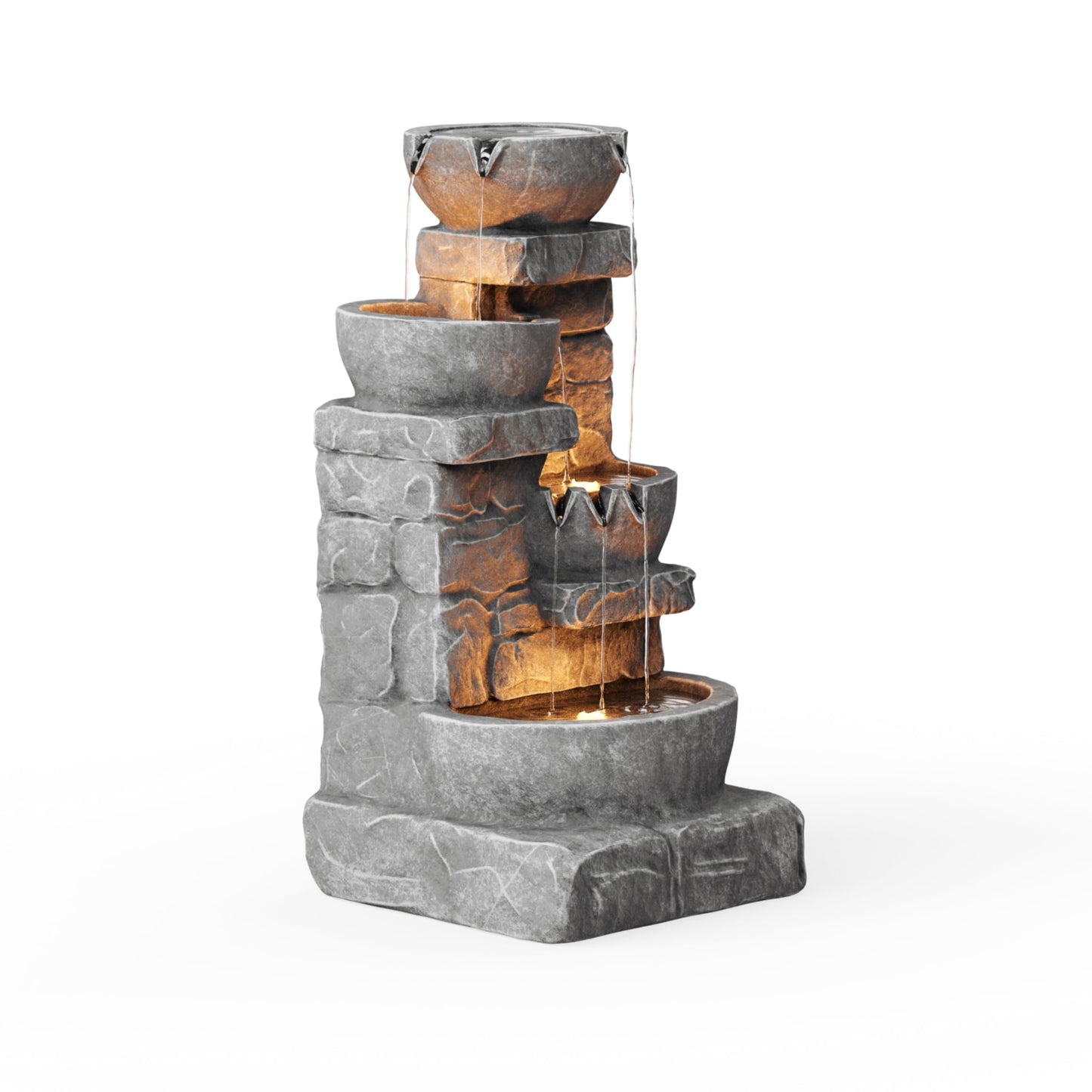 Cascading Bowls & Stacked Stone Outdoor Water Fountain with LED Light in Grey