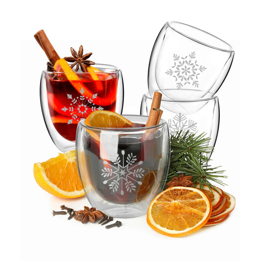 Premium Mulled Wine Glasses 220ml Set of 4, Double Walled Snowflake Design 8x8cm