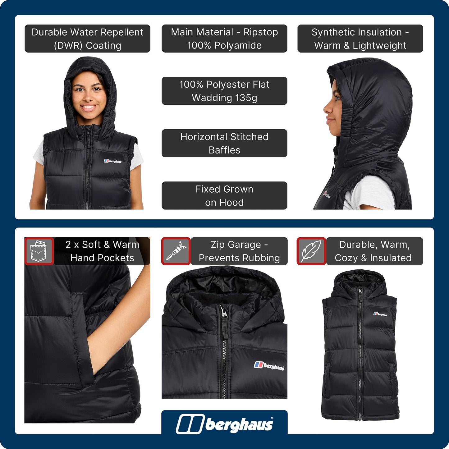 Berghaus Kid's 14-15yrs Burham Gilet with Hood, Water-Resistant Black Bodywarmer