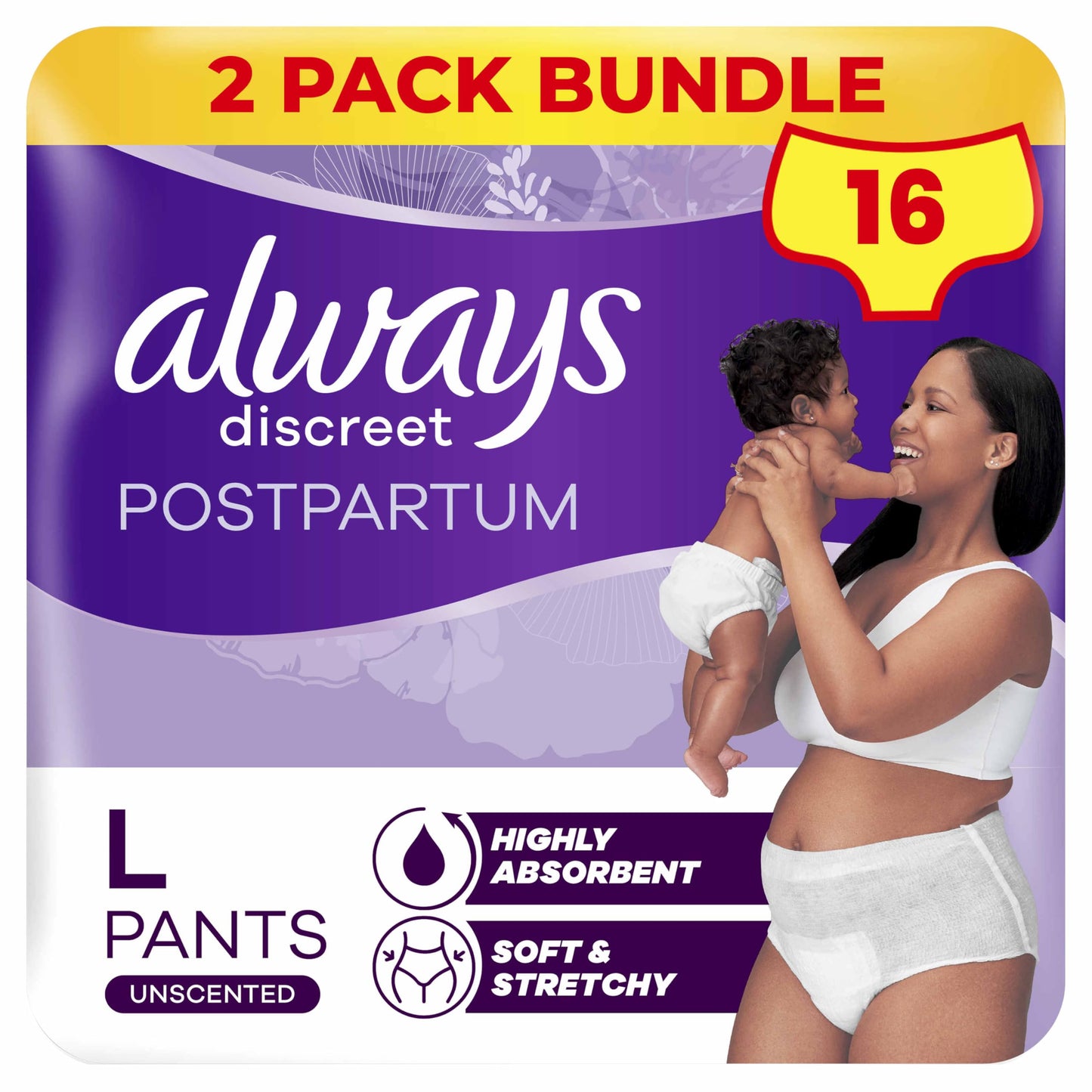 Always Discreet Postpartum Panties Size L Pack of 16 Highly Absorbent & High Waisted