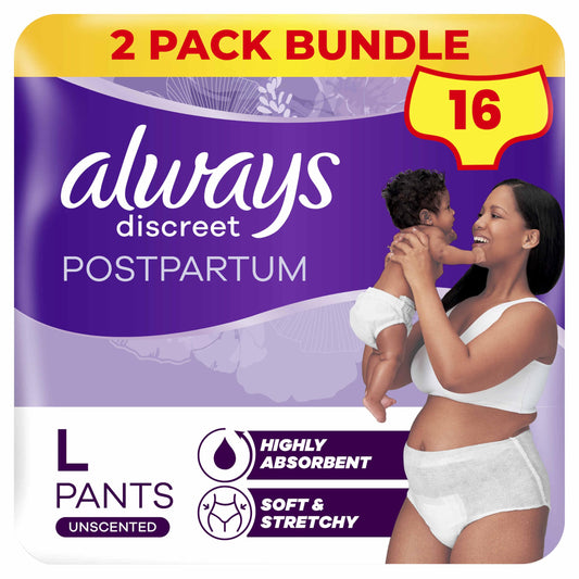 Always Discreet Postpartum Panties Size L Pack of 16 Highly Absorbent & High Waisted