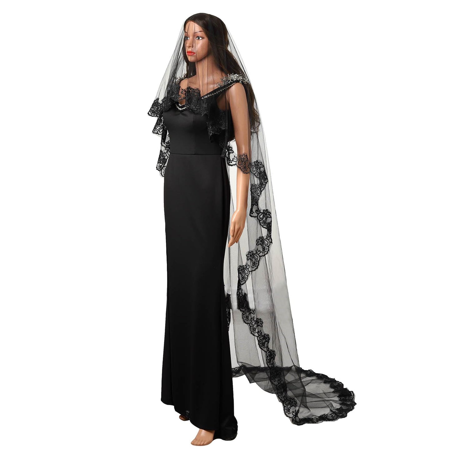 Acenail Black Veil Brides Wedding Long Pearl Lace Bridal Veil