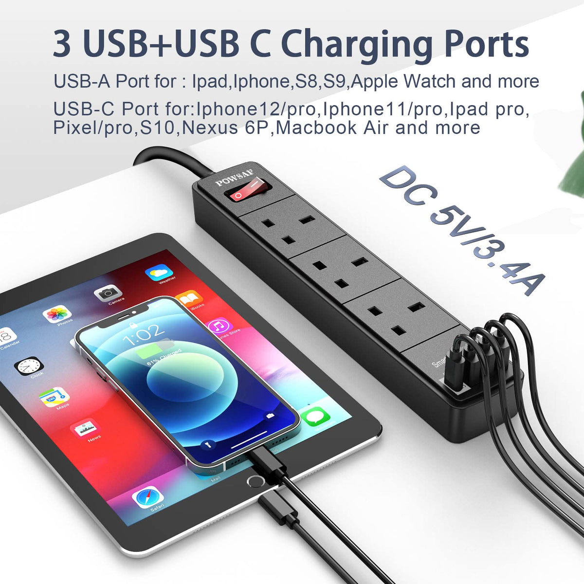 Extension Lead 2M with 4 USB Ports - Black Power Strip Extension Surge Protector