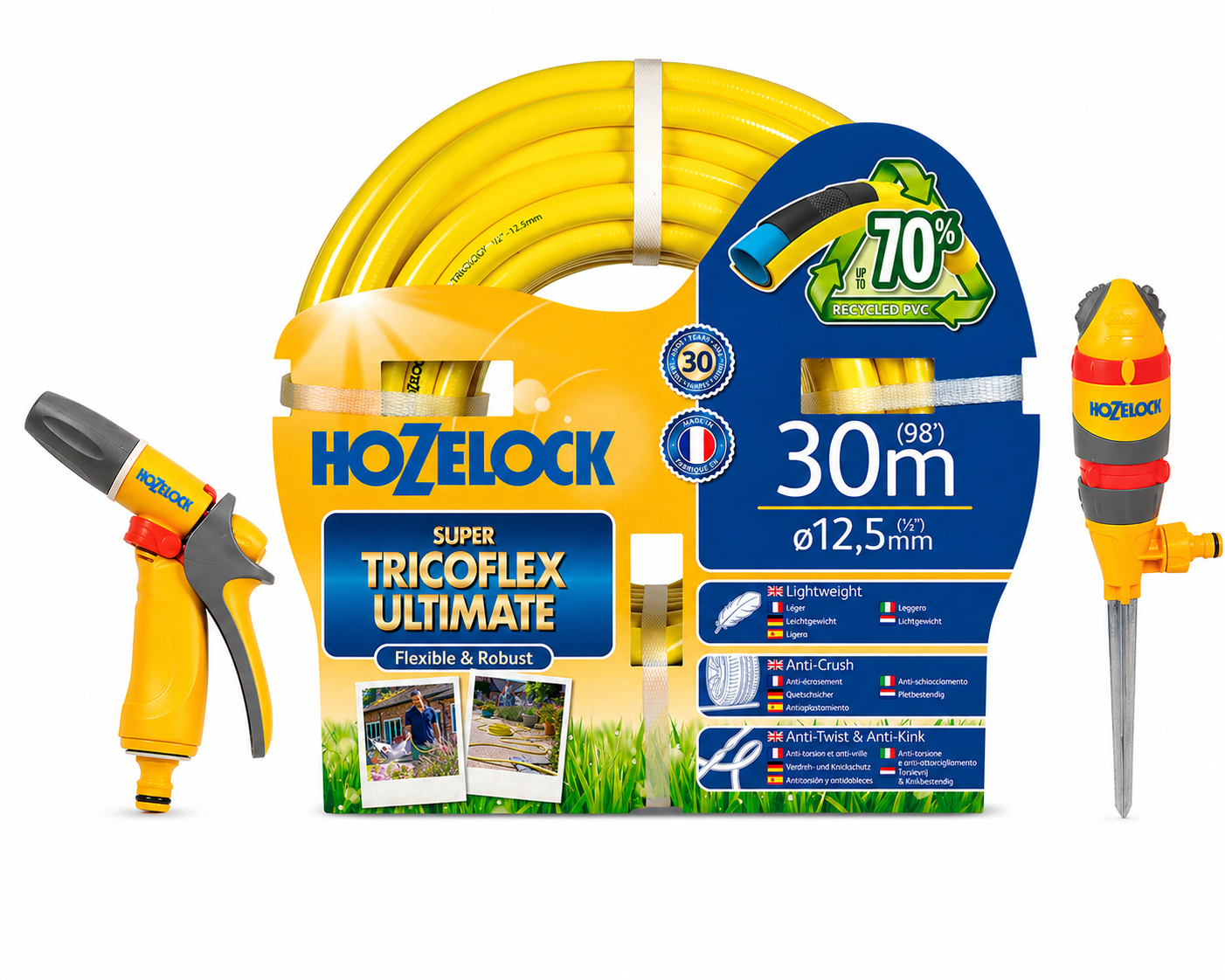 Hozelock Ultimate 30m Hose Pipe, Hozelock Rotating Sprinkler Pro 314m & Jet Spray Gun 2674 Bundle Set