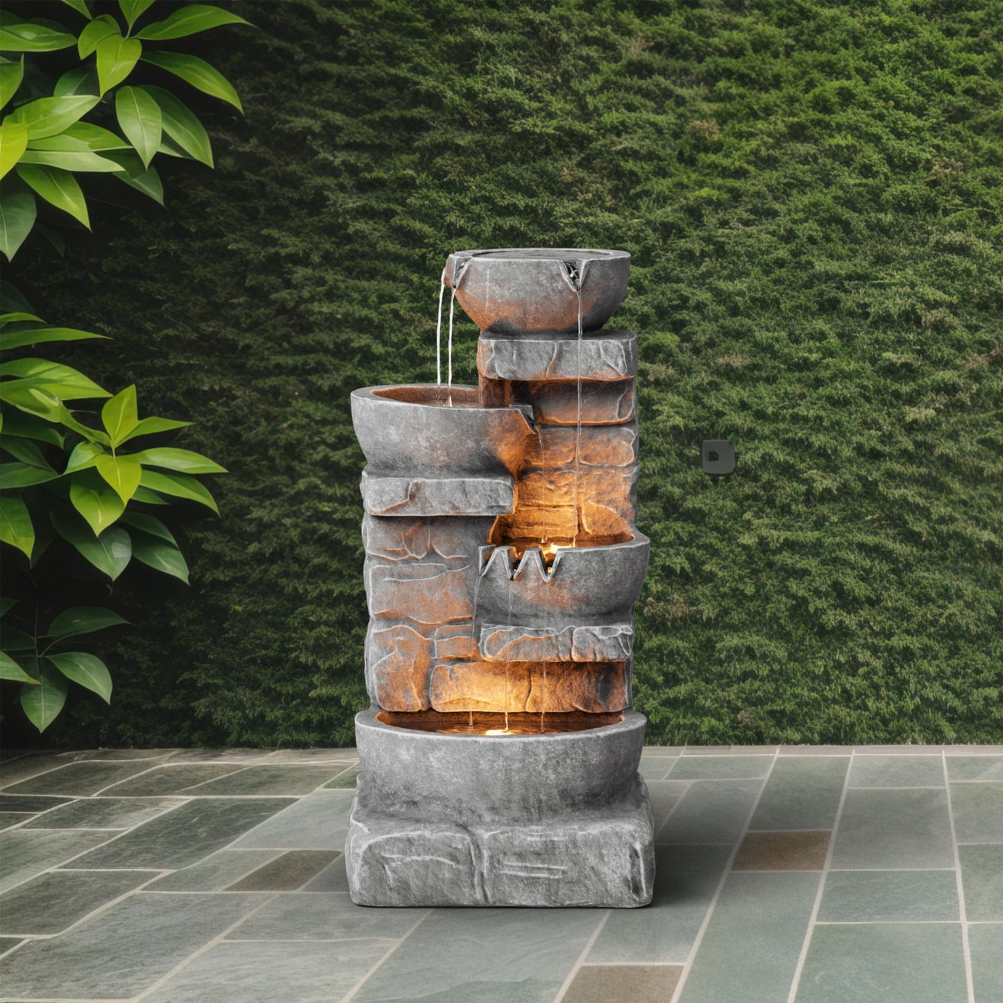 Cascading Bowls & Stacked Stone Outdoor Water Fountain with LED Light in Grey
