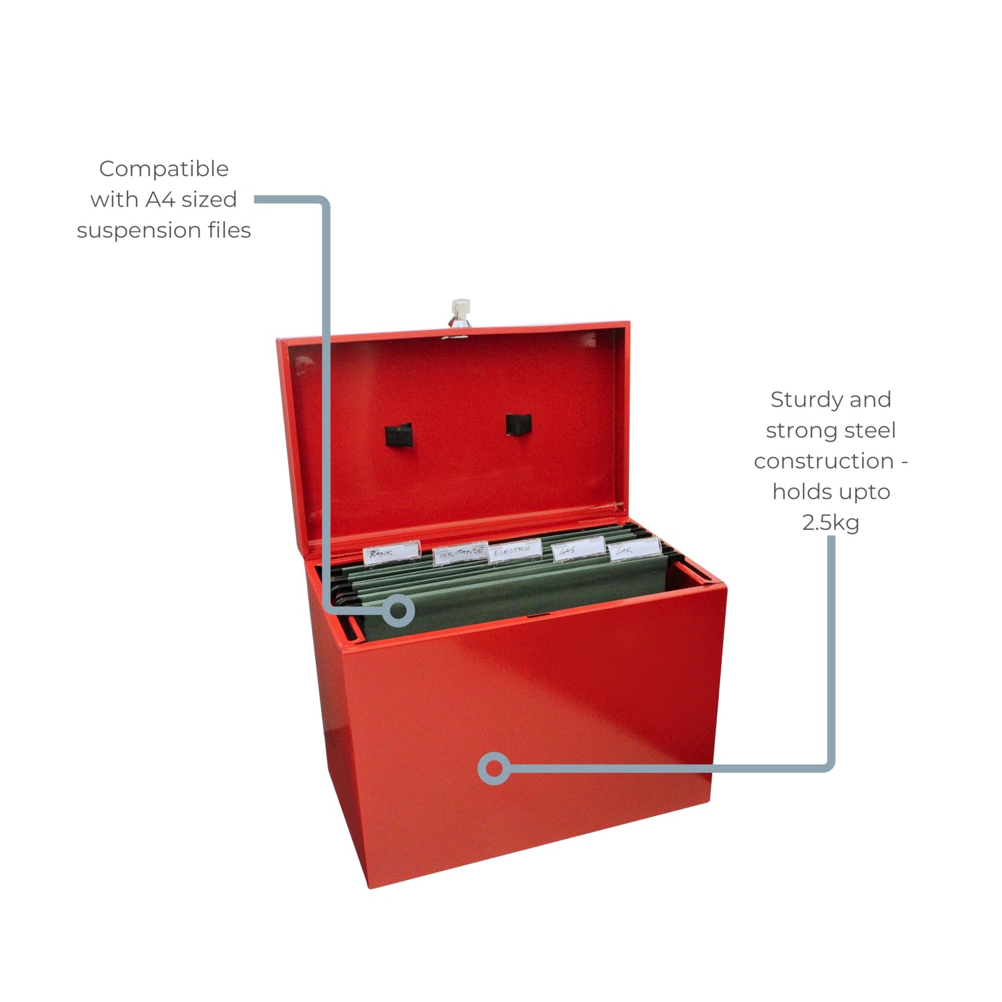Cathedral Products A4 Steel File Box with 5 Suspension Files, with Key Lock in Red