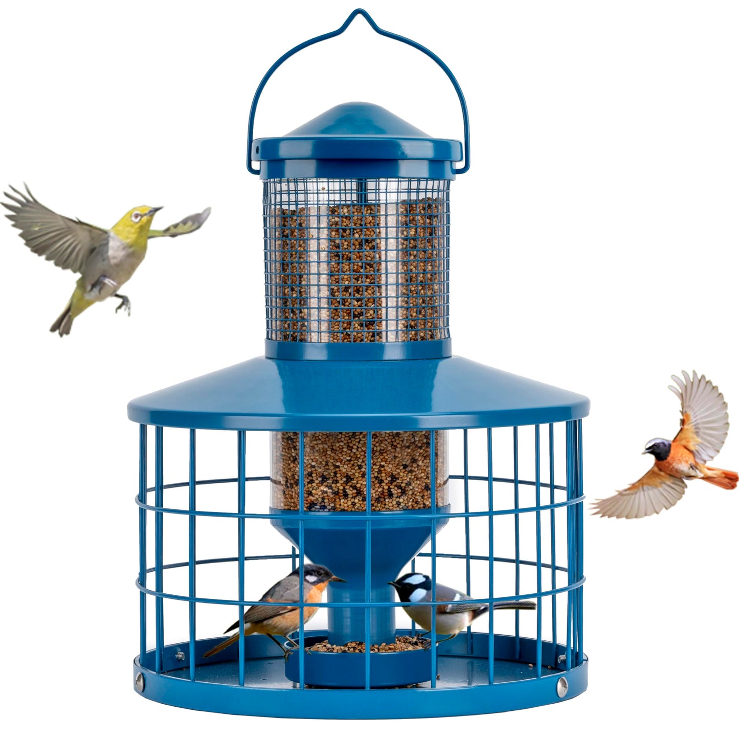 Squirrel-Proof Metal Bird Seed Feeder 1.3kg Capacity Blue Outdoor Hanging Wild-bird Tray
