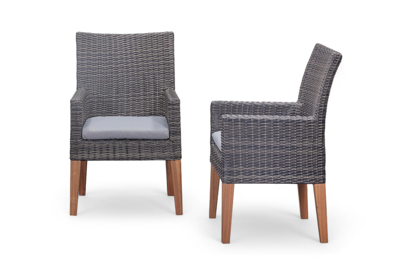 Modern Outdoor Florida Rattan Dining Chair Set of 2 in Dark Grey with Wooden Legs