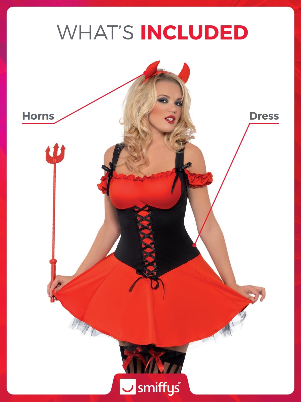 Smiffys Fever Wicked Devil Costume Red Dress with Horns 8-10