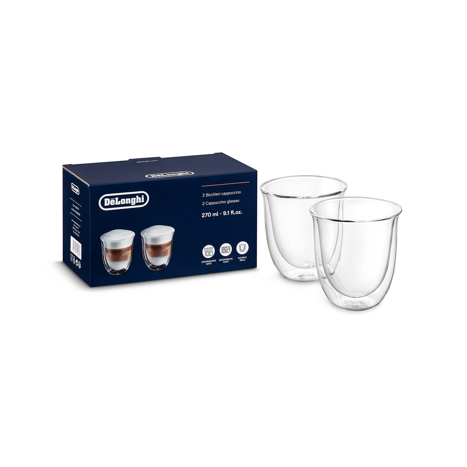 De'Longhi DLSC311 Cappuccino Thermo Glasses 270ml - 2 Pack