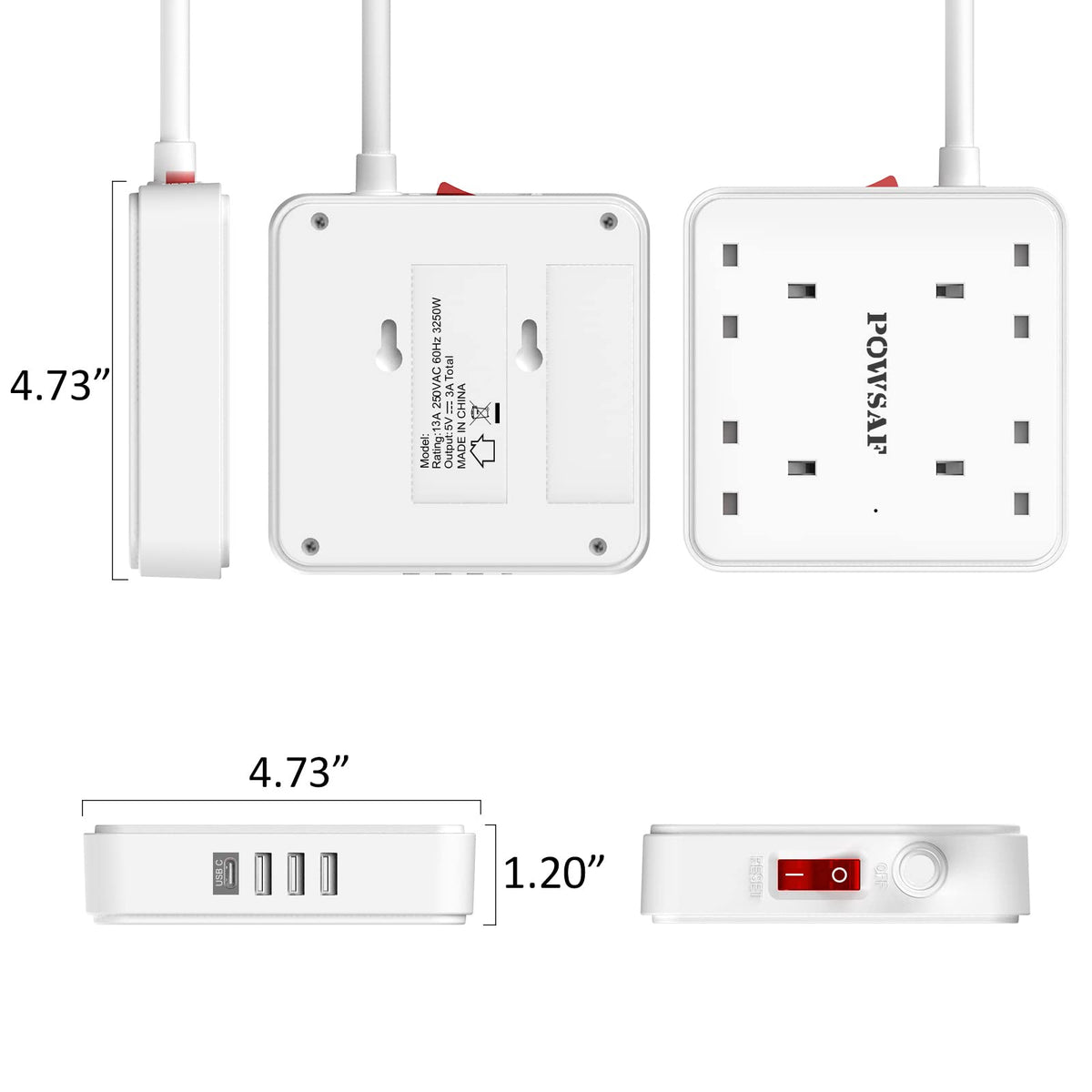 4 Way Extension Lead 2M with 4 USB Ports - Power Strip Extension Cord