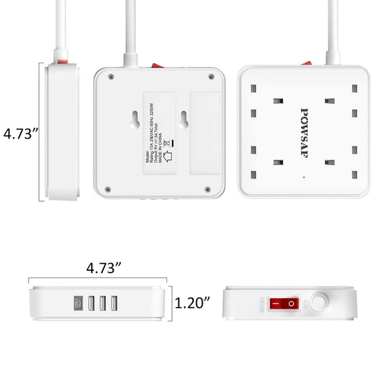 4 Way Extension Lead 2M with 4 USB Ports - Power Strip Extension Cord