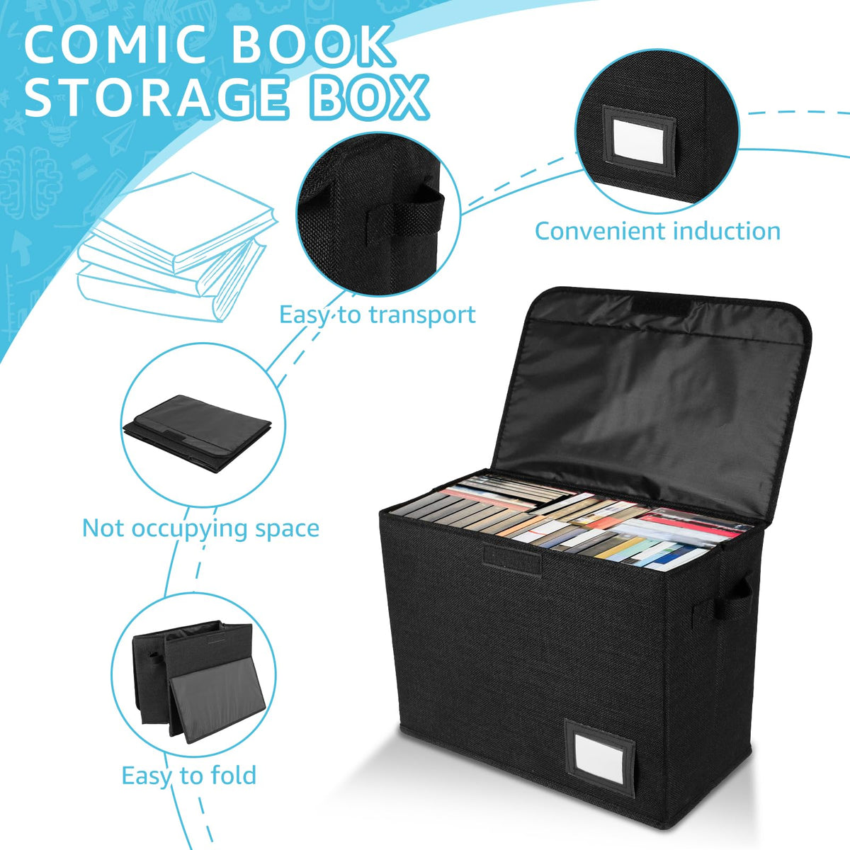 Comic Book Storage Box 150-180 Comics Foldable Organizer Bin Black