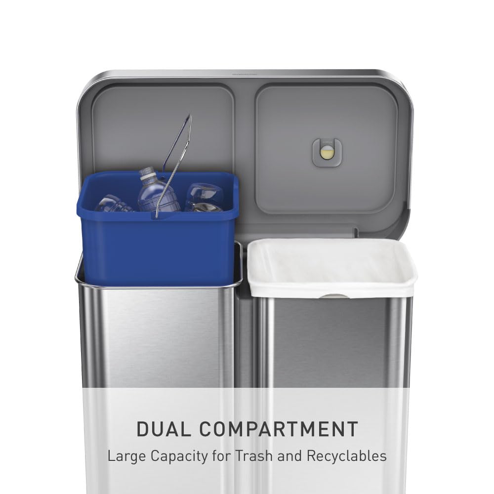 simplehuman 58L Dual Compartment Pedal Recycler Bin, Brushed Stainless Steel