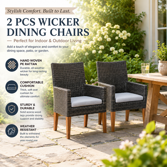 Modern Outdoor Florida Rattan Dining Chair Set of 2 in Dark Grey with Wooden Legs