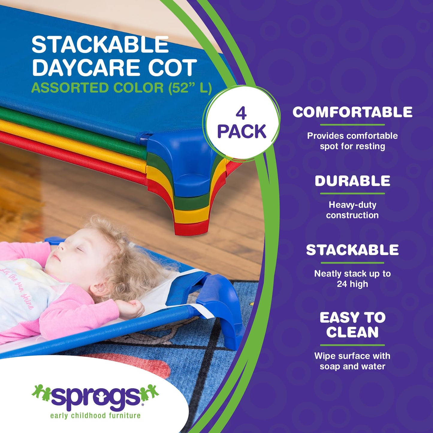 Sprogs Deluxe Stackable Daycare/Nursery Cot with Easy Lift Corners Pack of 4 - Multicoloured