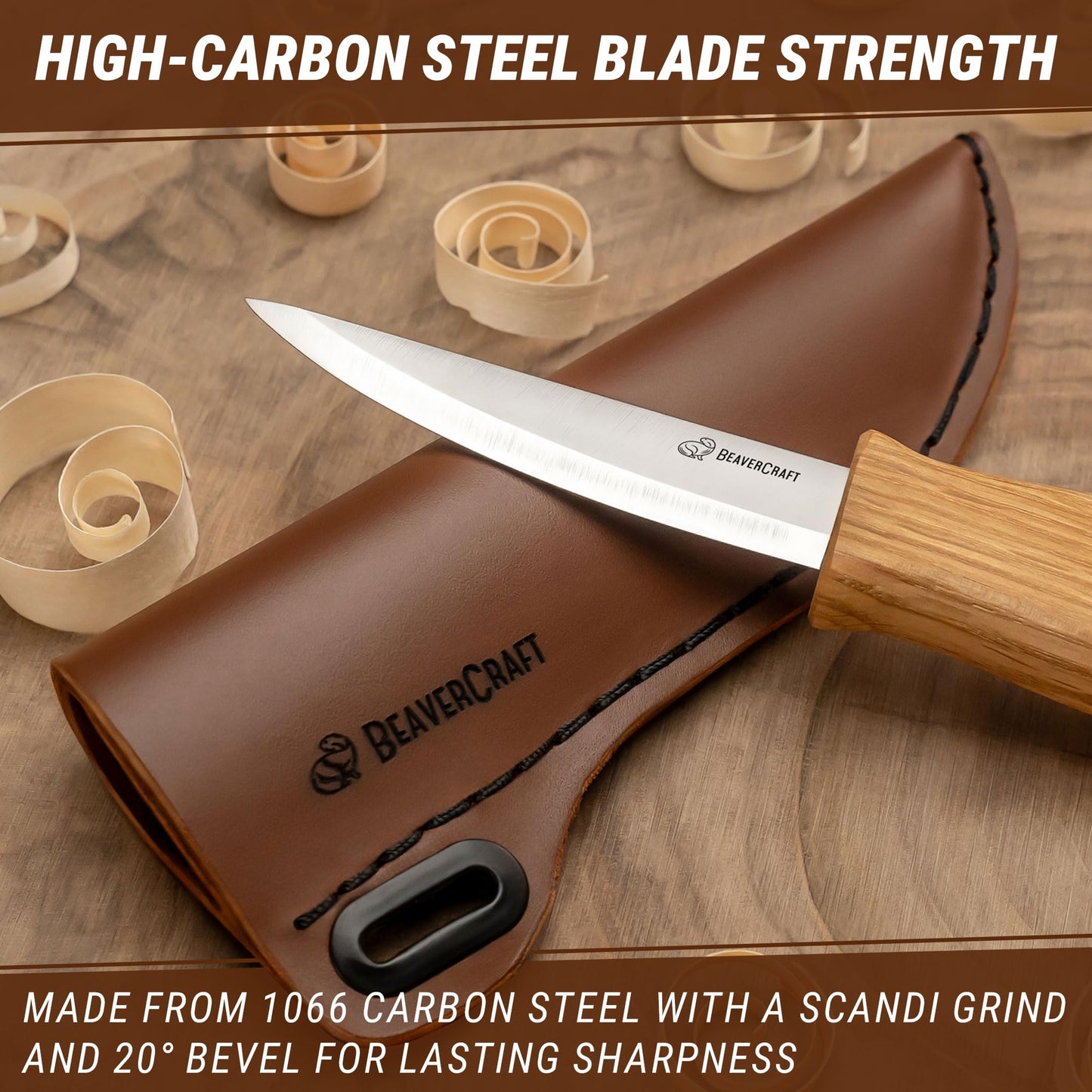 BeaverCraft Wood Carving Sloyd Knife C4s 8 cm - Whittling Knife with Leather Sheath for Carvers - Chip Wood Carving Tools for Beginner and Profi
