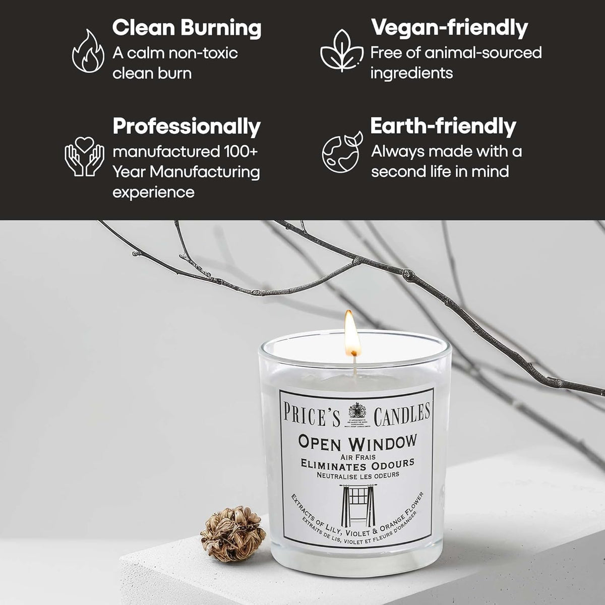 Price's Candles Set of 3 Fresh Air Odour Removing Jar Candles, Open Window