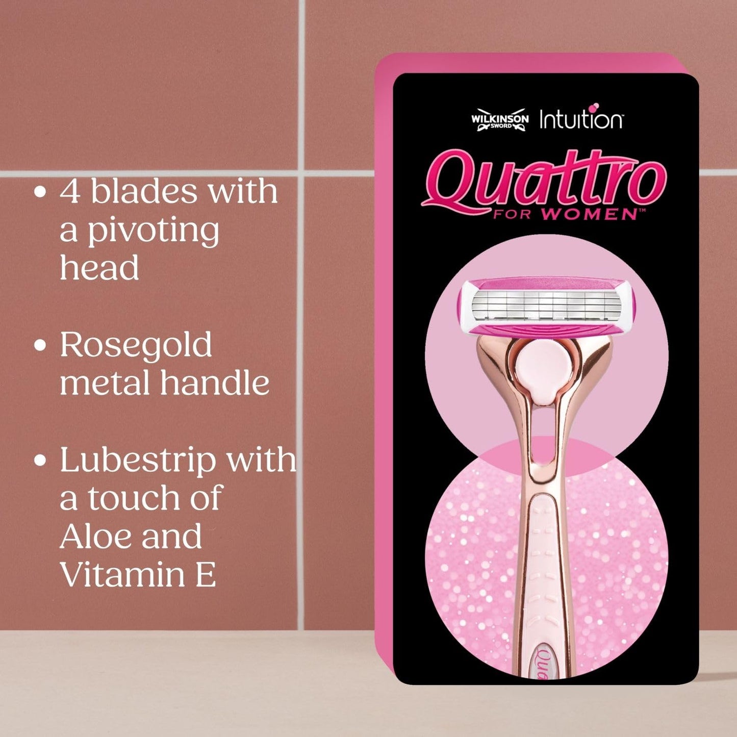 Wilkinson Sword Quattro For Women Premium Rose Gold Metal Razor +4 Blade Refills