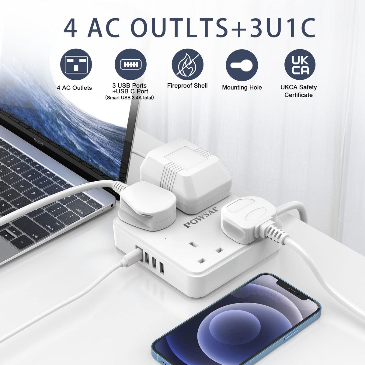 4 Way Extension Lead 2M with 4 USB Ports - Power Strip Extension Cord