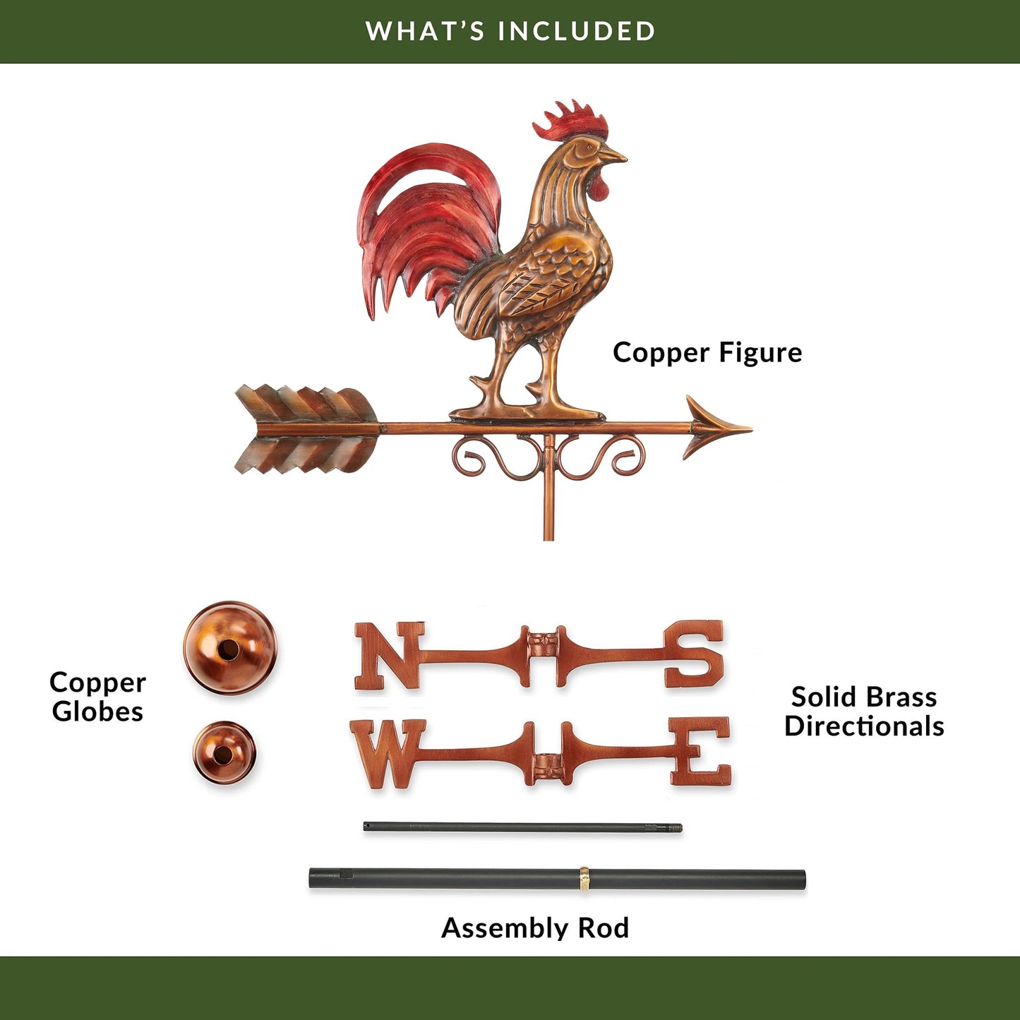 Good Directions Bantam Red Rooster Weathervane Pure Copper Hand Finished