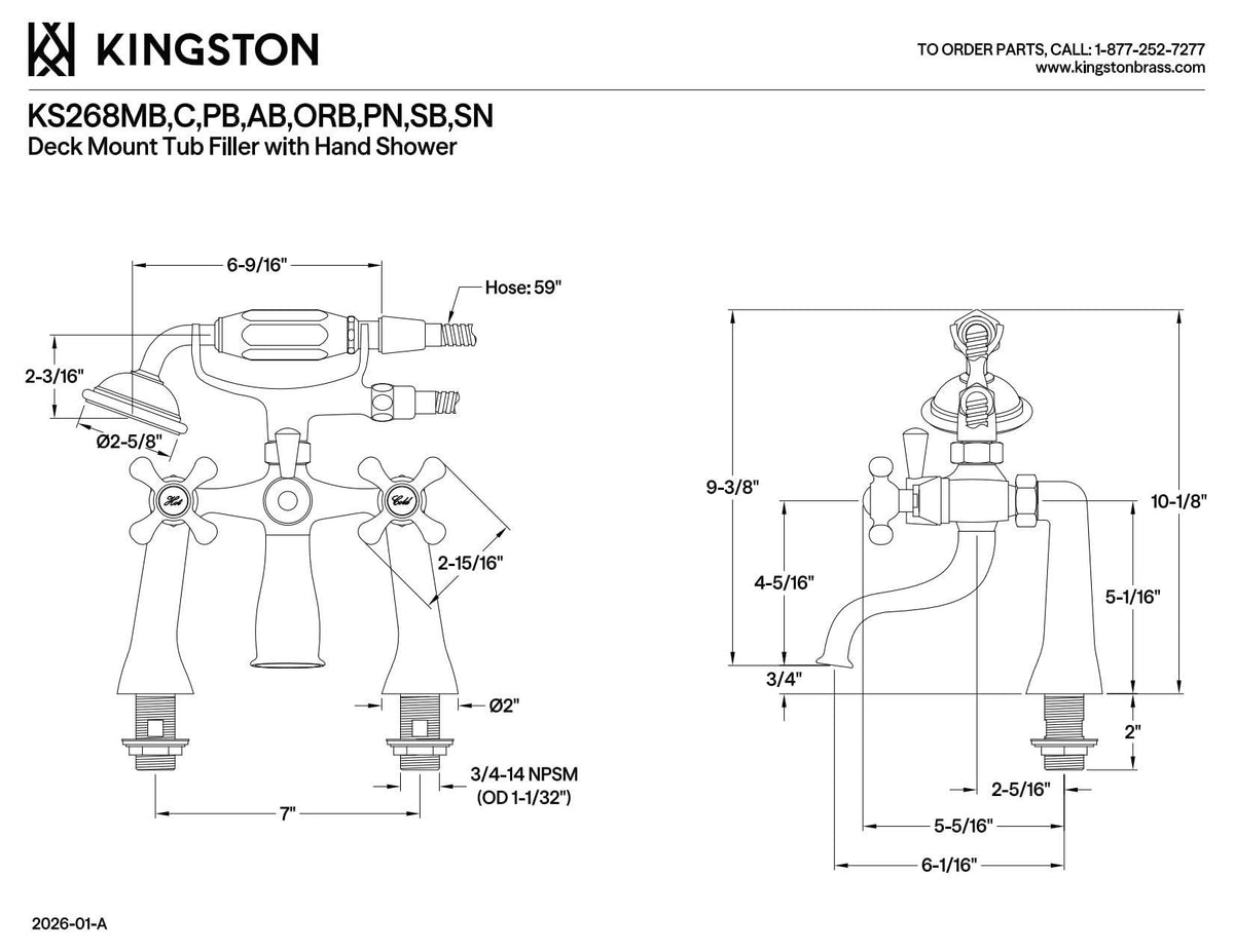 Kingston Brass KS268C Victorian Deck Mount Tub Shower Faucet in Polished Chrome