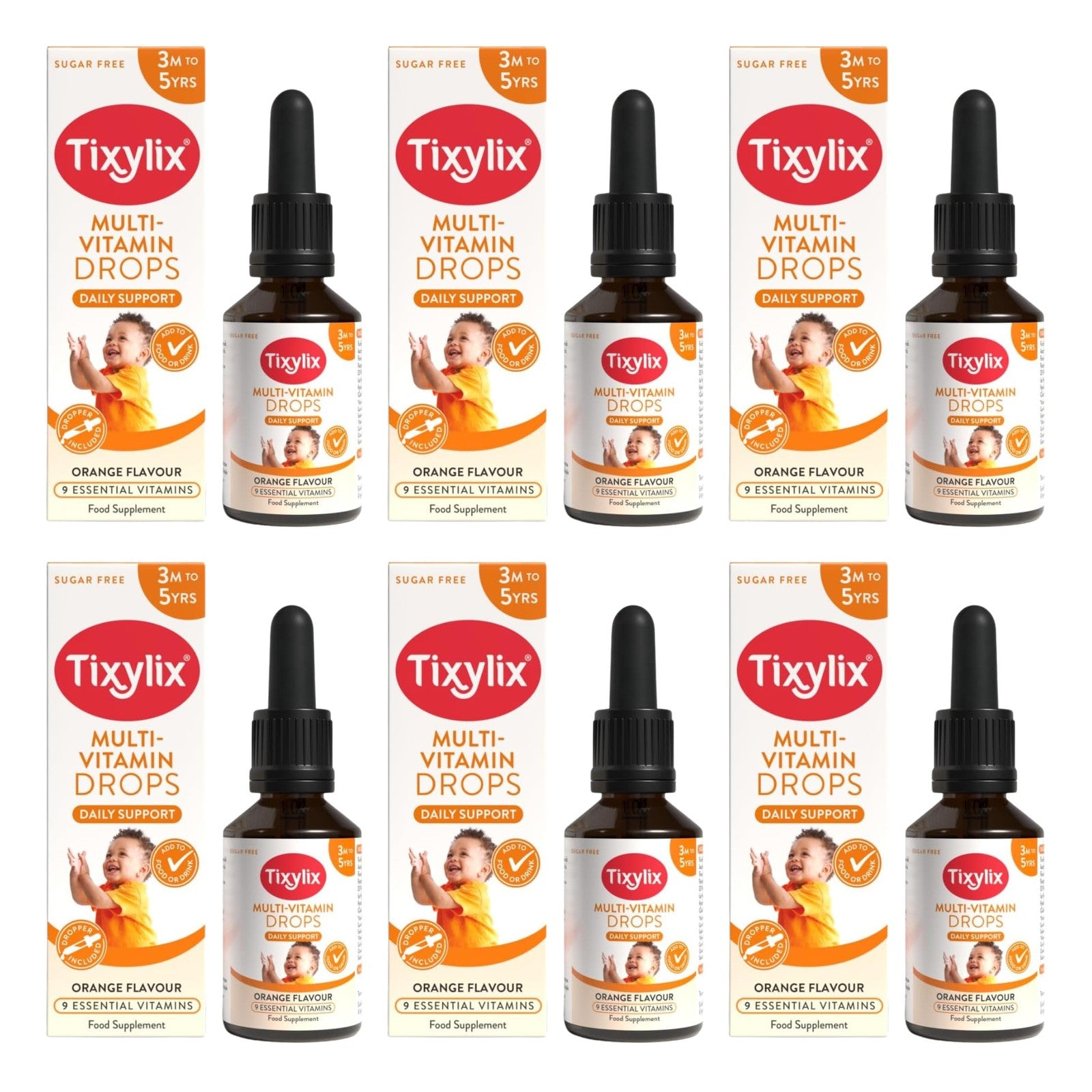 Tixylix Multi-Vitamin Drops 50ml for Children 3 Months+ Orange Flavour - 6x Pack Bundle