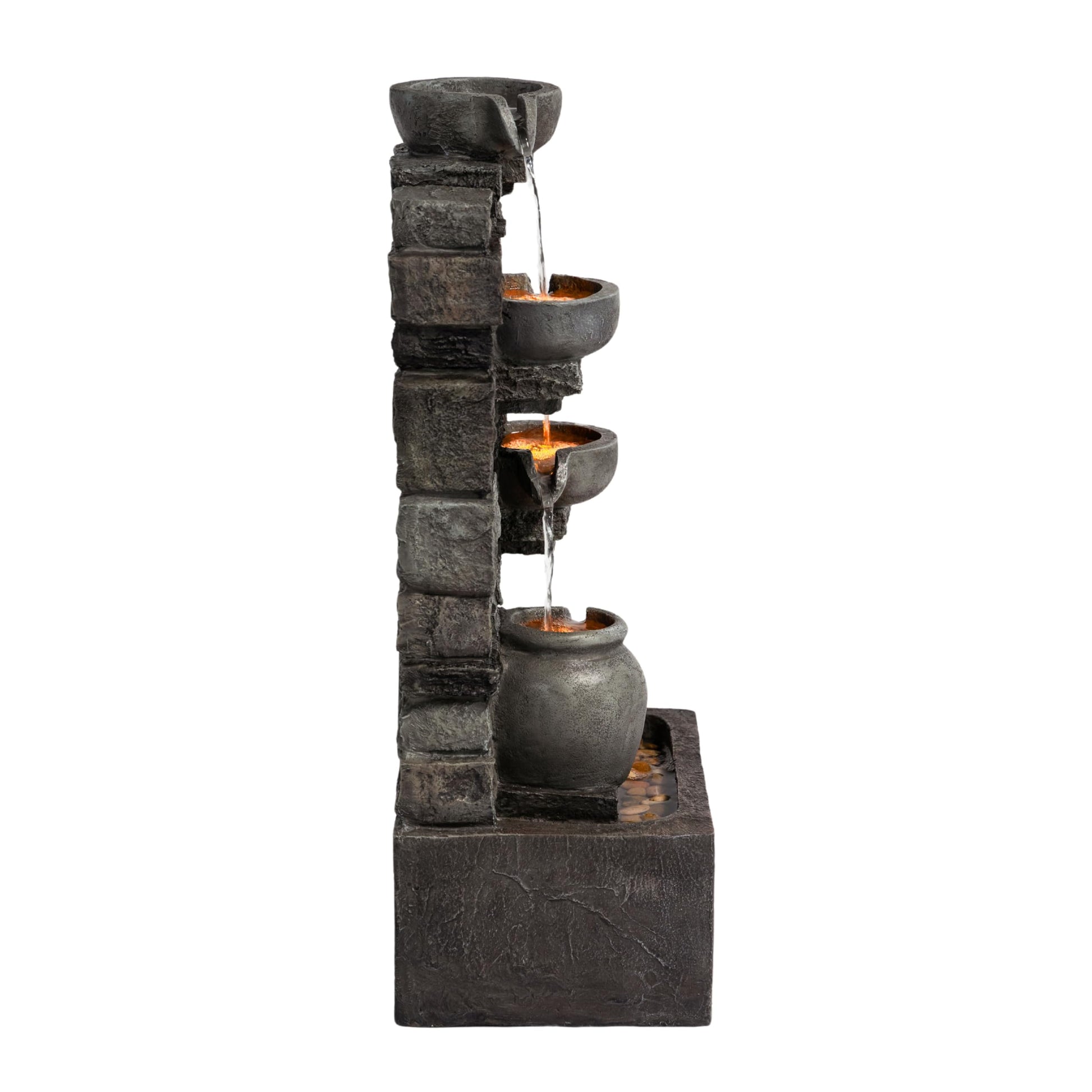 Outdoor 4-Tier Stacked Stone Cascading Water Fountain LED Rustic Grey