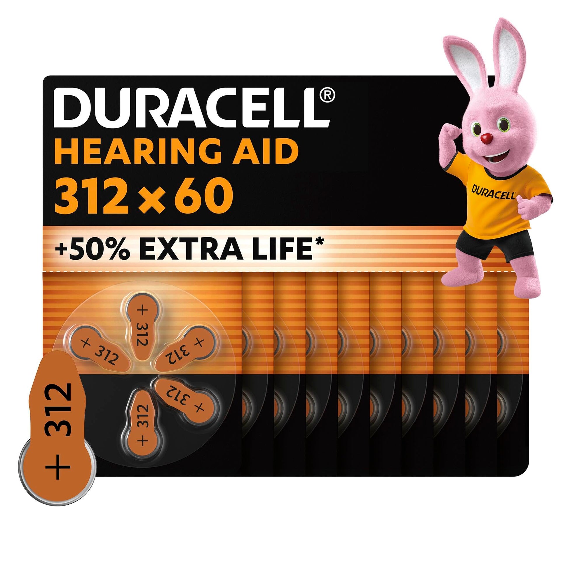 Duracell Size 312 Hearing Aid Batteries Pack of 60 +50% Extra Life