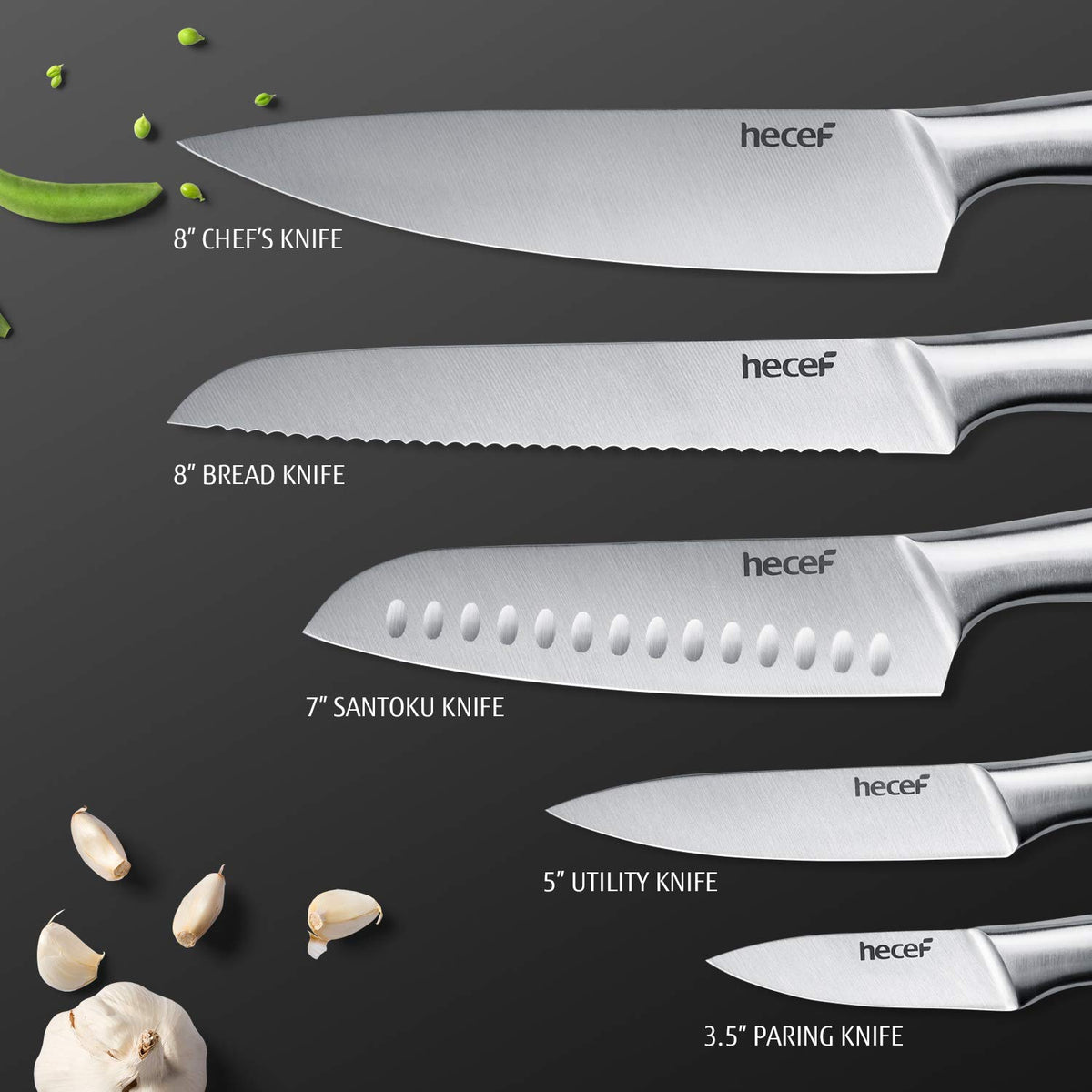 hecef Premium Kitchen Knife Set of 5 - Chef, Bread, Santoku & Paring Knifes