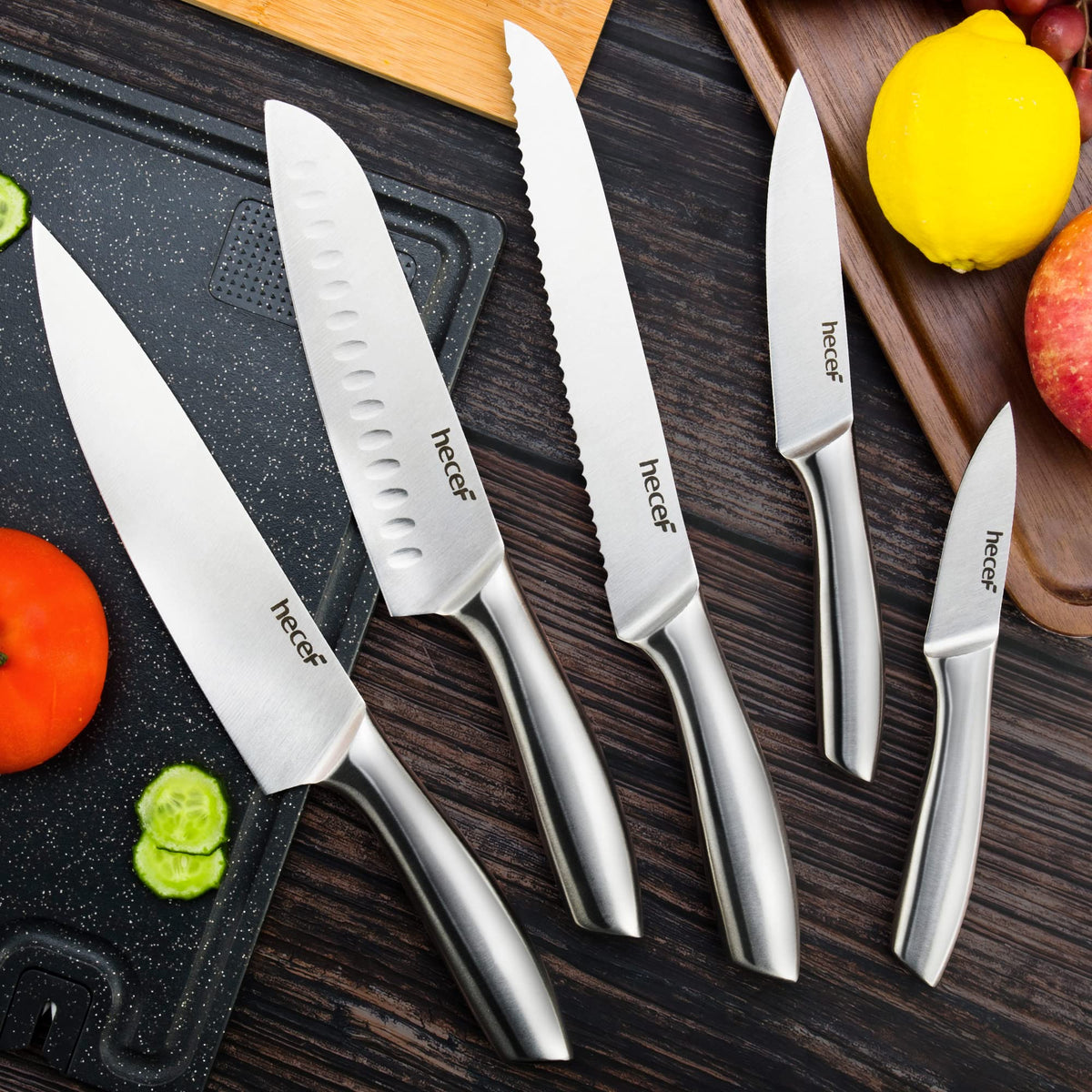 hecef Premium Kitchen Knife Set of 5 - Chef, Bread, Santoku & Paring Knifes