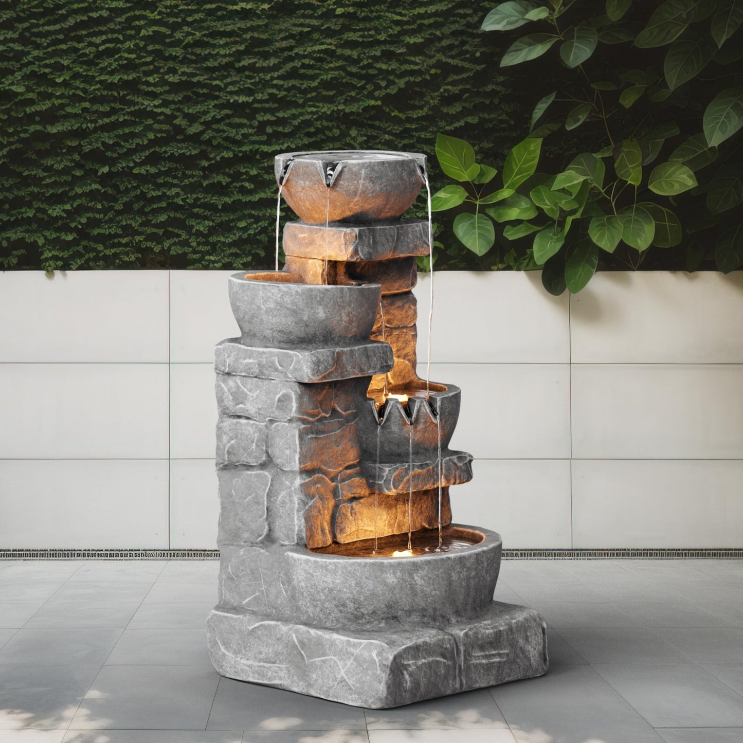 Cascading Bowls & Stacked Stone Outdoor Water Fountain with LED Light in Grey