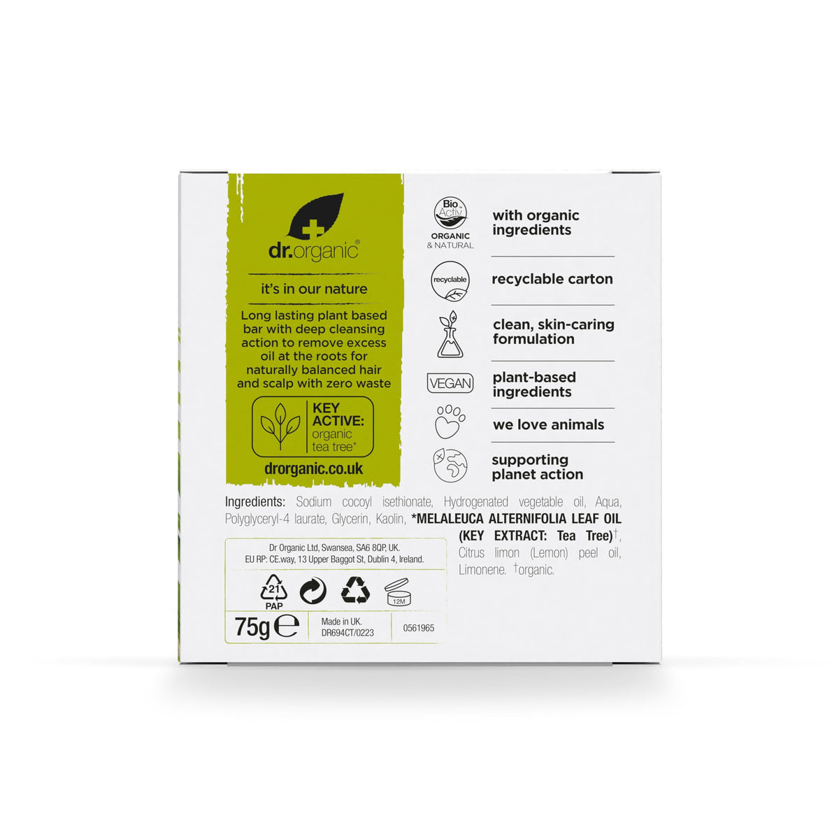 Dr Organic Tea Tree & Lemon Shampoo Bar 75g for Oily Roots & Scalps