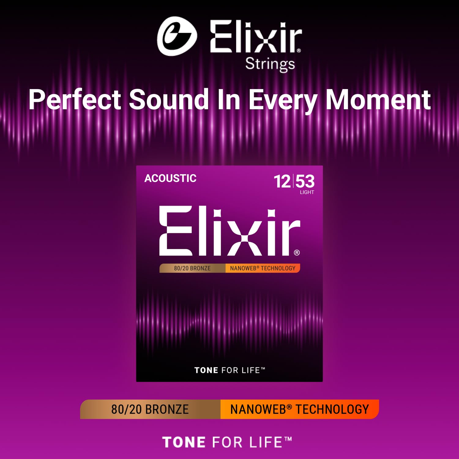 Elixir 11052 Acoustic Guitar Strings 80/20 Bronze Light NANOWEB