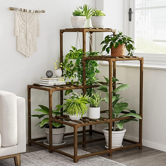 Natural Wood 4-Tier Corner Plant Stand Indoor Outdoor Shelf Rack in Brown