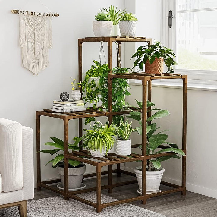 Natural Wood 4-Tier Corner Plant Stand Indoor Outdoor Shelf Rack in Brown